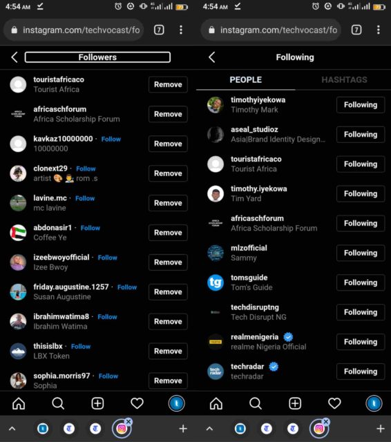 Using a web browser to check followers and following list