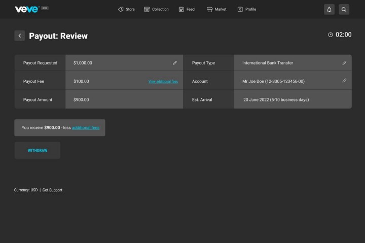 Withdraw bank payout on Veve