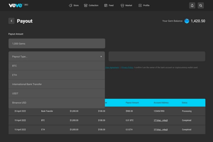 Select cryptocurrency Payout method
